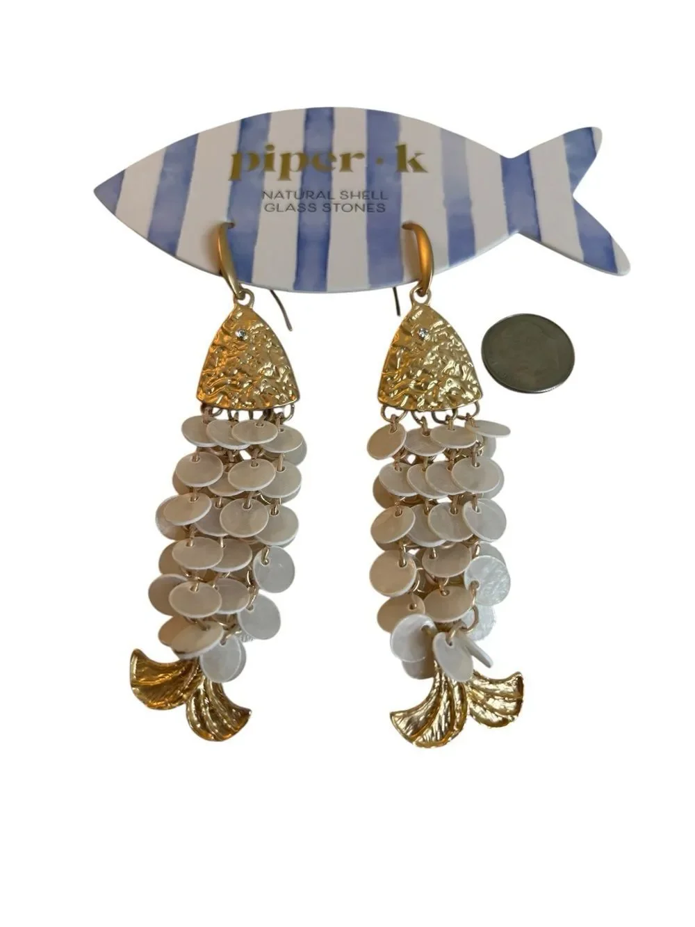 Hammered Brush Gold Tone Fish Head Drop Earrings w/ Cascading Shell Discs.